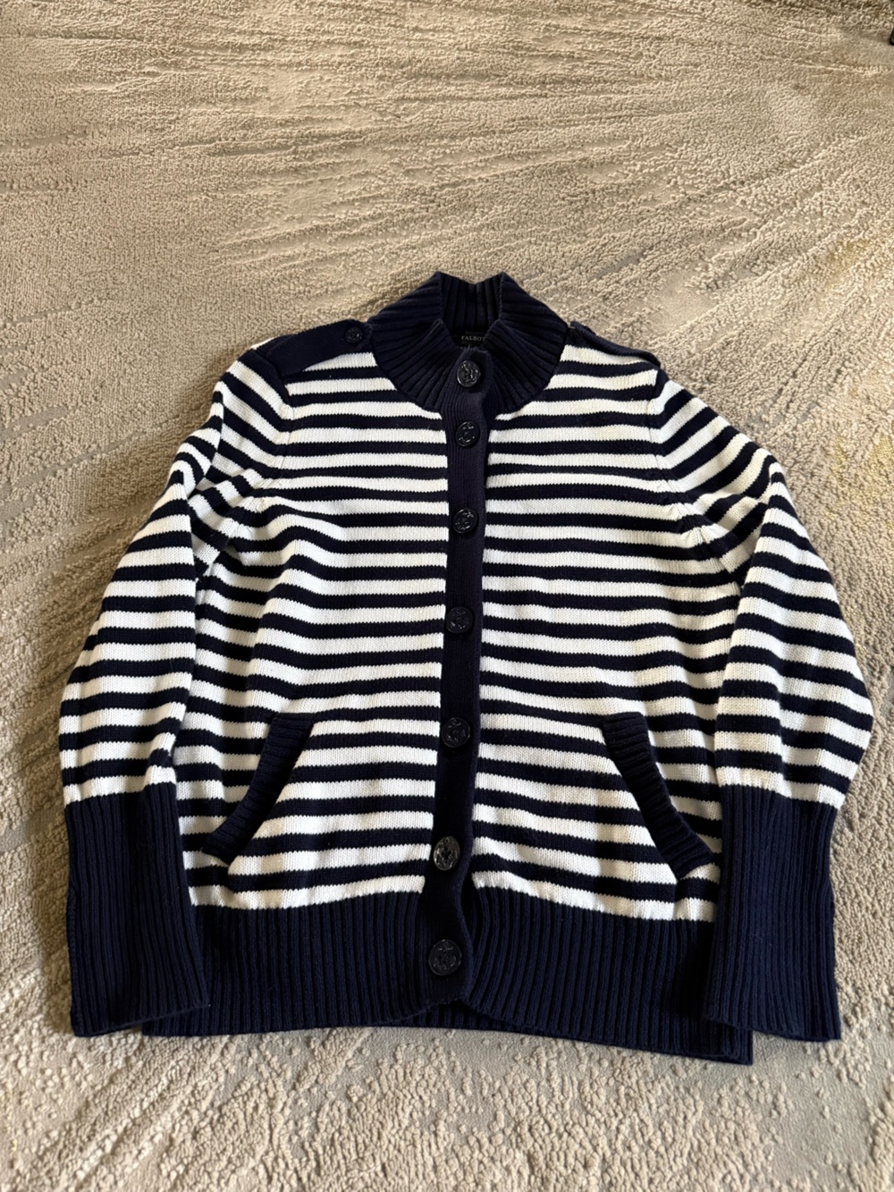 Talbots navy White Striped Sweater cardigan button front nautical cotton medium